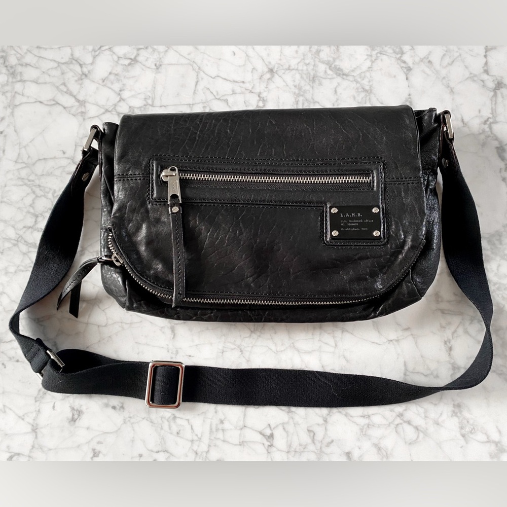 EUC!! L.A.M.B. Black Leather Messenger Bag with Silver Accents